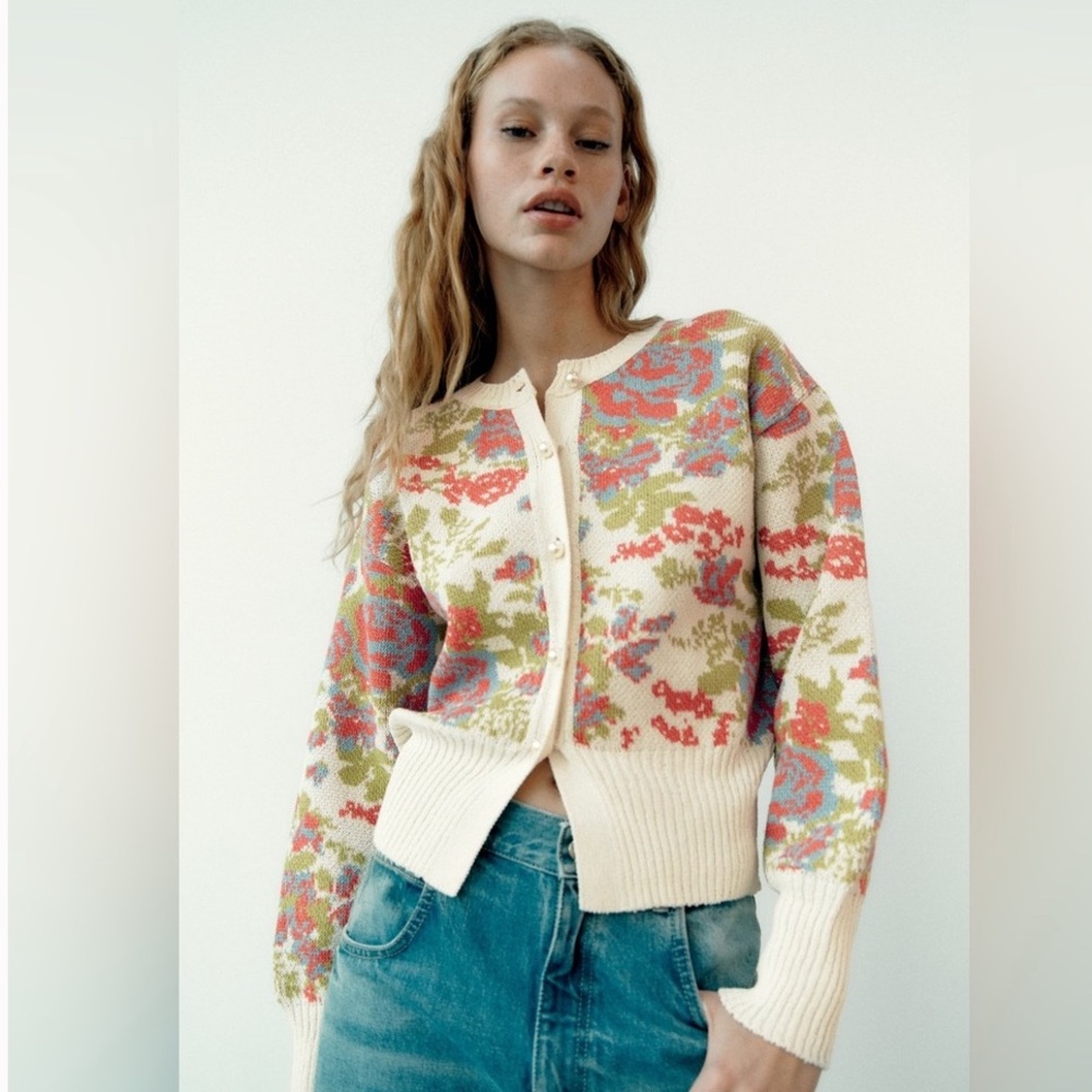 🩵 Zara PEARL BUTTON FLORAL KNIT JACQUARD Cardigan Multi Color Long Sleeve